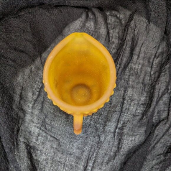 Vintage Mid Century Small Amber Glass Floral Footed Pitcher 3.5" Tall - Picture 5 of 7